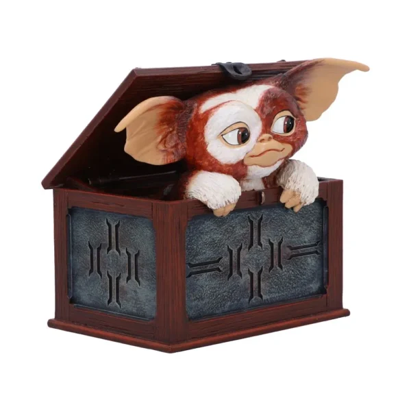 Gizmo Mogwai Collectible Figure Brown Box - Carved Wood Design Gizmo the Mogwai figurine peeking from a carved wooden box collectible figure The-Hidden-Hatch