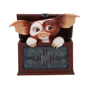 Gizmo Mogwai Collectible Figurine Brown Wooden Box - Carved Panel Gizmo figurine peeking from a wooden box with carved metal panel details The-Hidden-Hatch