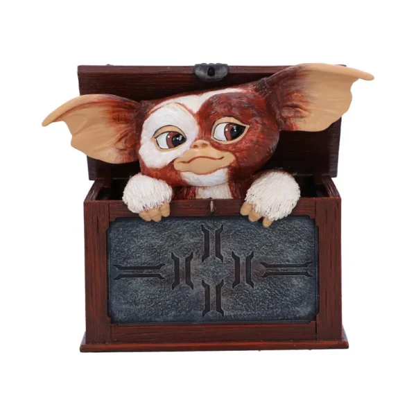 Gizmo Mogwai Collectible Figurine Brown Wooden Box - Carved Panel Gizmo figurine peeking from a wooden box with carved metal panel details The-Hidden-Hatch