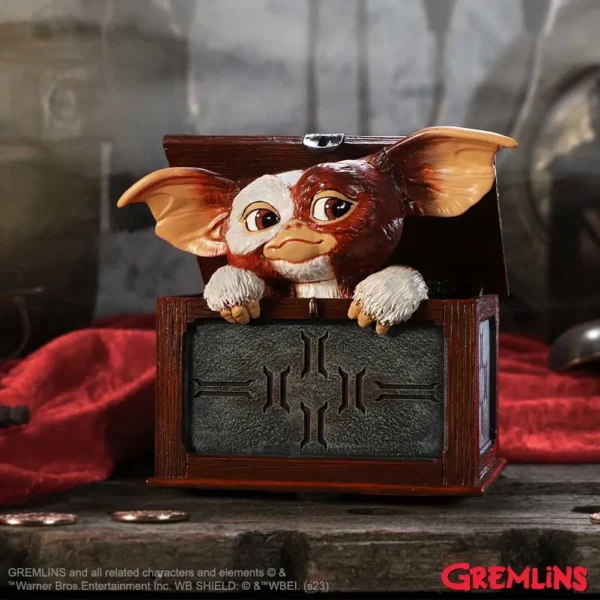 Gizmo Mogwai Figurine Resin Brown - Peeking From Wooden Chest Gizmo figurine peeking from a detailed wooden chest with red velvet background The-Hidden-Hatch