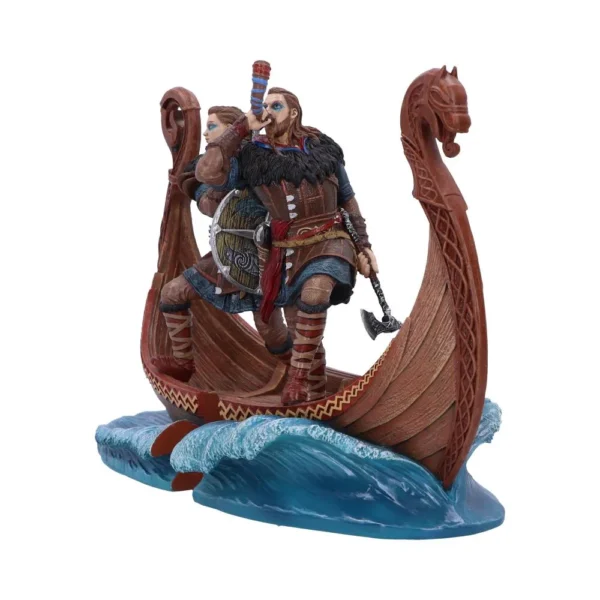 Viking Warrior Figurine Resin Statue - Dragon Ship Design Two detailed Viking warrior figurines aboard a carved dragon-headed longship amid crashing ocean waves.