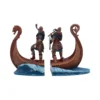 Viking Longship Bookends Resin Set - Norse Warriors & Waves Viking longship bookends with detailed Norse warriors, dragon heads, and ocean wave bases.