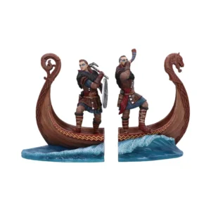 Viking Warrior Ship Bookends Resin Figurines - Blue Waves Two Viking warrior figurines on split longship bookends with dragon prow and ocean waves.