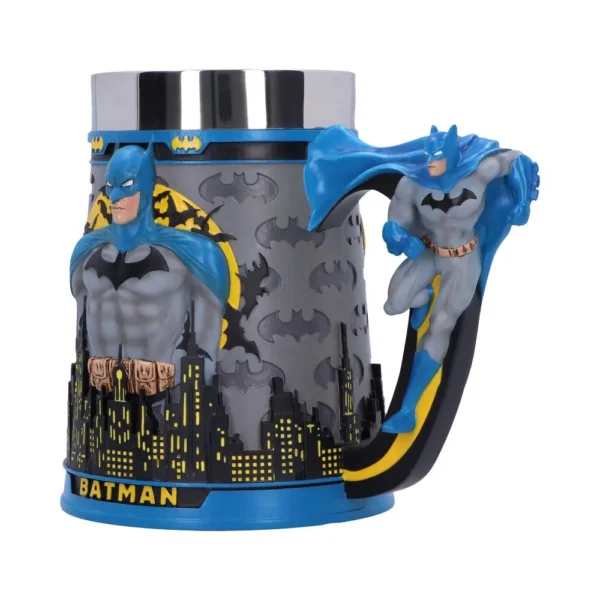 Batman 3D Sculpted Ceramic Mug Gray Blue - Gotham City Design 3D sculpted Batman mug featuring Gotham skyline, yellow Bat-Signal, and detailed blue-gray superhero design.