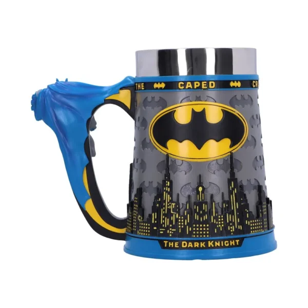 Batman Stein Mug Ceramic Gray - Yellow Bat-Signal Emblem Collectable home Accessories Batman-themed gray stein mug with yellow Bat-Signal emblem and sculpted Batman handle.