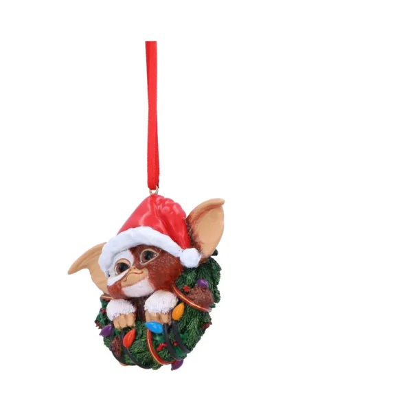 Gizmo Christmas ornament wearing Santa hat in green wreath with colorful lights The-Hidden-Hatch