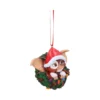 Gizmo Christmas Ornament Resin Wreath - Santa Hat Design Gizmo Christmas ornament wearing a Santa hat inside a decorated wreath with colorful lights The-Hidden-Hatch