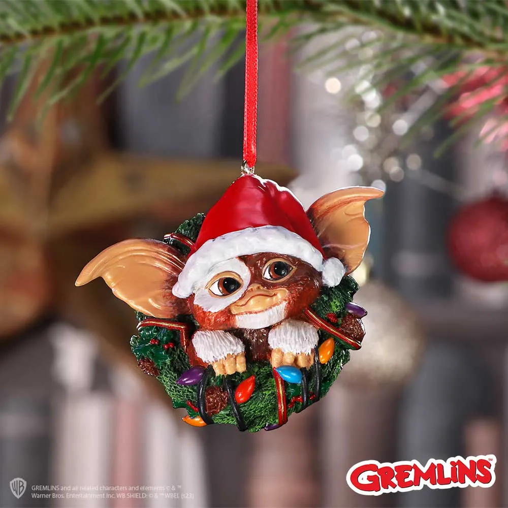 About Us 4 Gizmo Christmas wreath ornament with Santa hat and colorful lights The-Hidden-Hatch