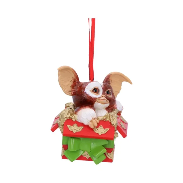 Gizmo Christmas Ornament Figurine Red Gift Box With Green Bow Gizmo Christmas ornament popping from a red and gold gift box with green bow The-Hidden-Hatch