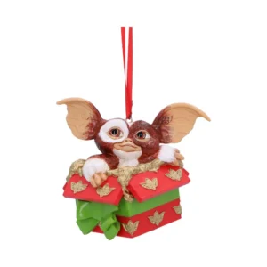 Gizmo Holiday Ornament Resin Red Gift Box - Green Ribbon Gizmo Christmas ornament popping out of a red and gold gift box with green ribbon The-Hidden-Hatch