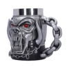 Demonic Metal Mug Silver Gothic Design With Red Glowing Eyes A metallic demon-faced mug with red eyes and chain handle, gothic design details. The-Hidden-Hatch