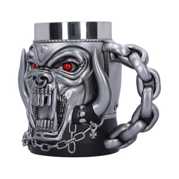 A metallic demon-faced mug with red eyes and chain handle, gothic design details. The-Hidden-Hatch