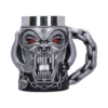 Metallic demonic face mug with red eyes and chain handle, heavy metal design The-Hidden-Hatch