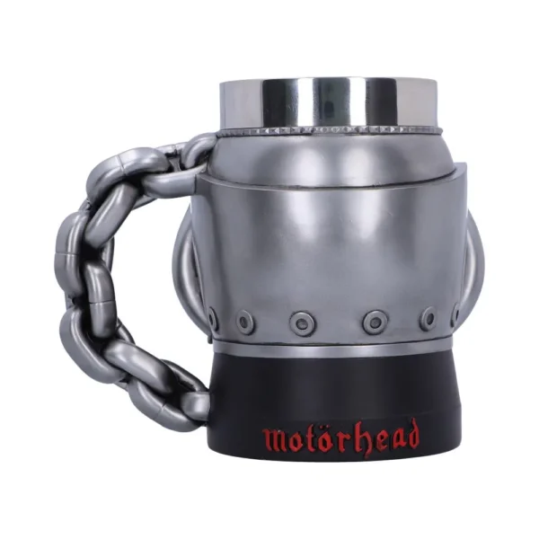 A silver metal Motörhead mug with chain handle and black base featuring red logo. The-Hidden-Hatch
