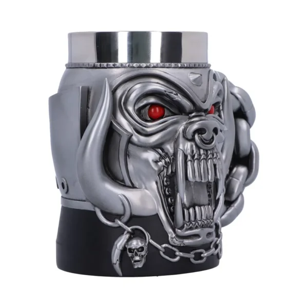 Metal Beast Stainless Steel Mug Silver With Red Eyes A metallic beast-face drinking mug with red eyes and chain details. The-Hidden-Hatch