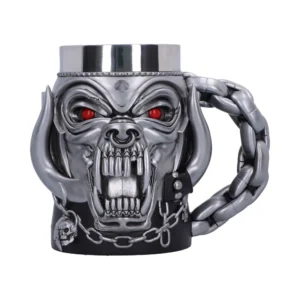 Demonic Face Metal Mug Silver Finish - Red Eyes Chain Handle Metallic demonic face mug with red eyes and chain handle, heavy metal design The-Hidden-Hatch