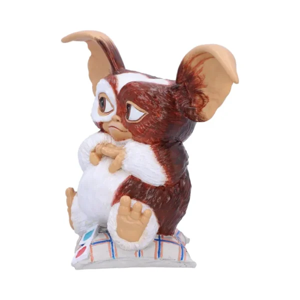 Gizmo Mogwai Figurine Resin Brown White - Plaid Cushion Base A handcrafted Gizmo Mogwai figurine sitting on a plaid cushion collectible sculpture The-Hidden-Hatch