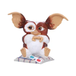 Gizmo Mogwai Collectible Figurine Brown White - 3D Glasses Display Gizmo Mogwai figurine sitting on a striped cushion with 3D glasses in front. The-Hidden-Hatch