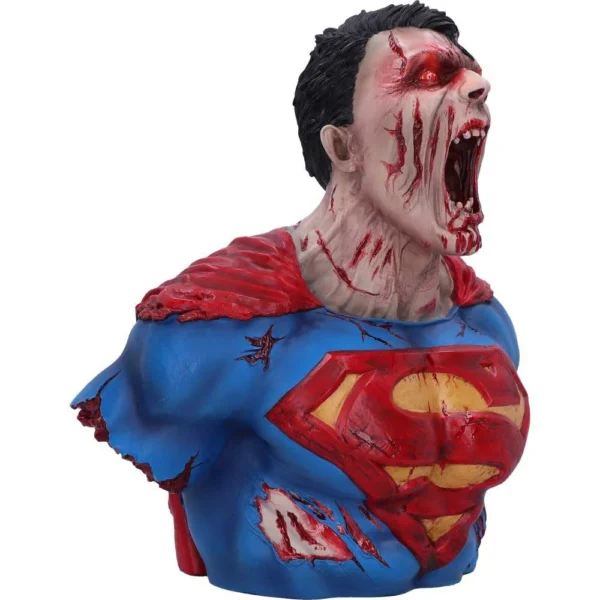 Zombie Superman bust sculpture with torn costume, glowing red eyes, and decayed flesh details.