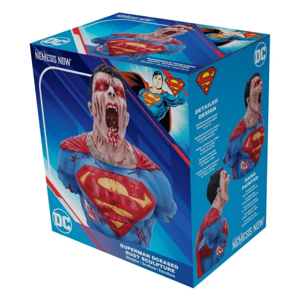Zombified Superman DCeased Bust Sculpture by Nemesis Now in blue and red collector box.
