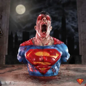 Zombie Superman Bust Sculpture - Bloodstained Gray Horror Design Halloween Gift Zombie Superman bust sculpture with bloodstained face, glowing red eyes, and tattered blue costume.