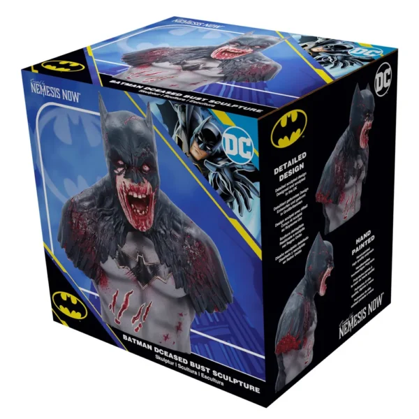 Batman Deceased Bust Sculpture Black Box - Hand Painted Horror Batman Deceased Bust Sculpture by Nemesis Now in box, showing zombified Batman collectible packaging.