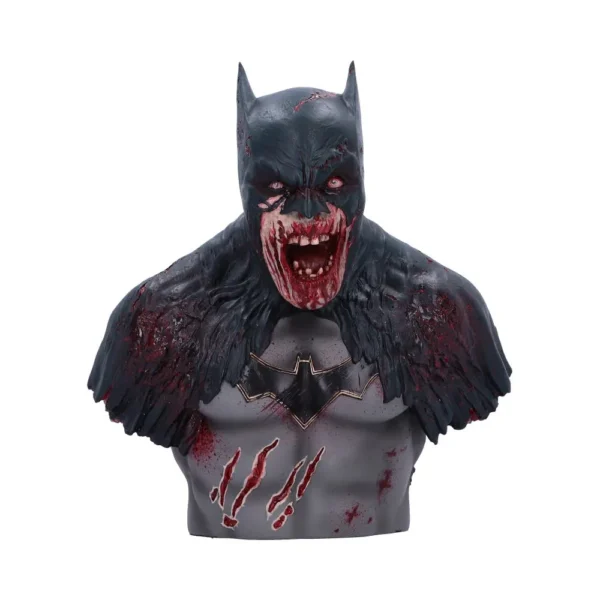 Zombie Batman Bust Sculpture Gray Resin - Bloodied Horror Detailing Zombie Batman bust sculpture with decayed face, bloodstained teeth, and torn cowl details.