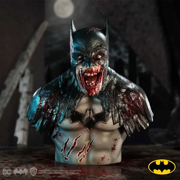 Grotesque Batman Bust Statue Black Resin - Bloodied Horror Design DC Comics: Batman DCeased Zombie Bust (29cm) The Fall of the Dark Knight Witness the terrifying corruption of Gotham’s protector with the officially licensed Batman DCeased Bust. Standing at 29cm with bloodied face, torn cowl, and eerie Gothic background under moonlight.