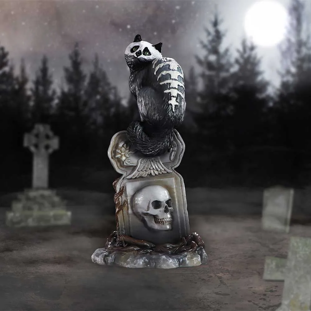 11 Gift Box Ideas for Goths That Feel Personal 7 Giftbox ideas for goths A ghostly skeletal cat perched on a carved skull tombstone under a moonlit graveyard mist.