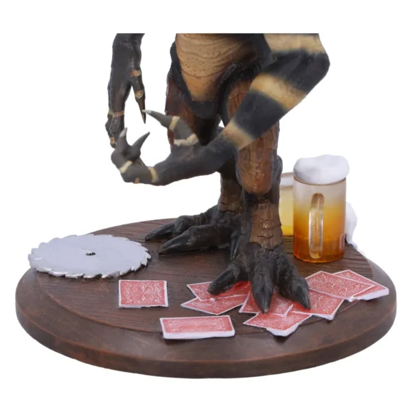 Velociraptor Sculpture Wooden Base Brown - Beer Mug and Cards Dinosaur figurine with beer mug, playing cards, and saw blade on wooden base The-Hidden-Hatch