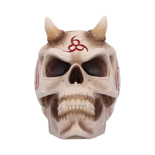 A demonic skull with horns and red ritual markings on its forehead and temples.