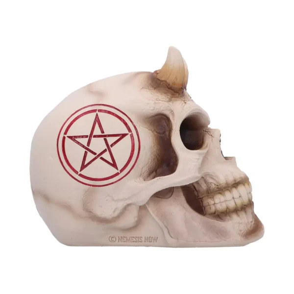 A realistic horned human skull with a red pentagram painted on its left side.