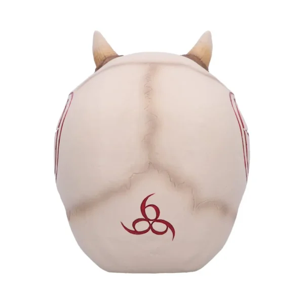 Horned Ritual Mask Sculpture Beige Tone - Red Symbol Design A pale horned mask with cracks and a red three-loop symbol on its lower back.