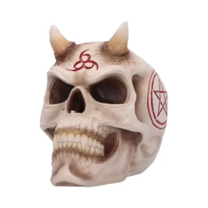Demonic Skull Sculpture Resin Off-White - Horns and Red Symbols A demonic sculpted skull with horns and red occult symbols on an aged bone surface.