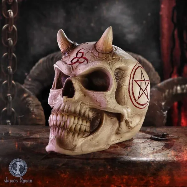 Demonic Horned Skull Sculpture Bone Texture - Red Occult Symbols A demonic horned skull with red occult symbols on a cracked bone surface.