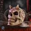 Demonic Horned Skull Sculpture Bone Texture - Red Occult Symbols A demonic horned skull with red occult symbols on a cracked bone surface.