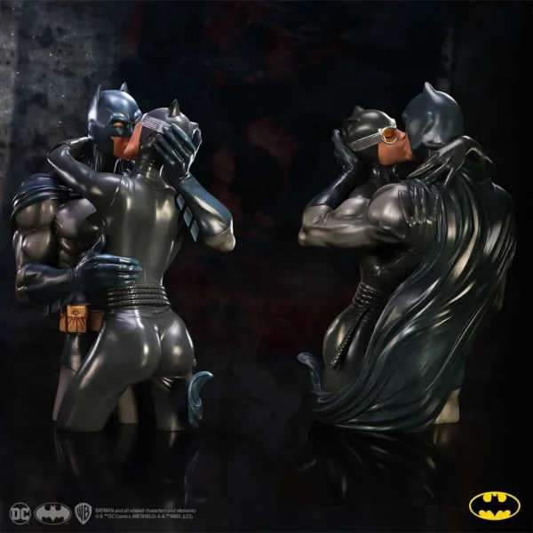 Batman And Catwoman Resin Sculptures Black - Romantic Kiss Scene Halloween Gift : Batman and Catwoman sculptures sharing a kiss against a dark Gotham-themed background.