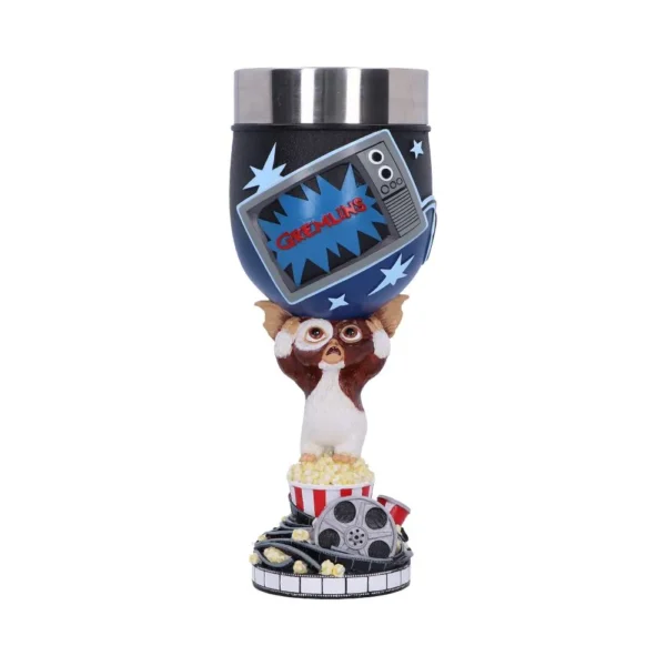 Gremlins Gizmo Collectible Goblet Blue Cup With Popcorn Base Gremlins-themed Gizmo collectible goblet holding popcorn with film reel base and TV design. The-Hidden-Hatch