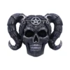 Gothic Skull Sculpture Resin Black - Ram Horns & Silver Pentagram Black gothic skull sculpture with ram horns, silver pentagram, and celestial star details.