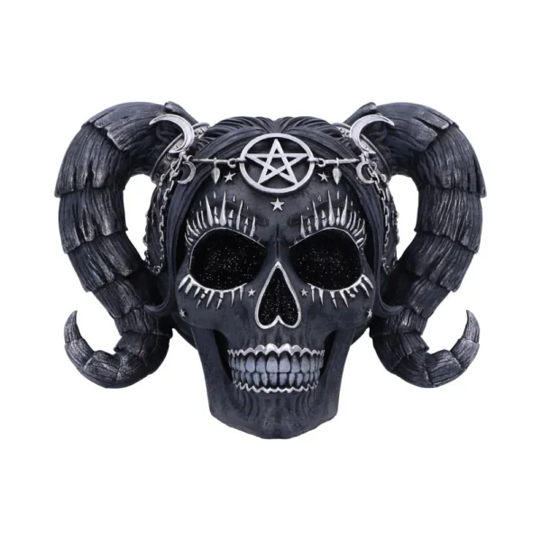 Black gothic skull sculpture with ram horns, silver pentagram, and celestial star details.