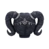 Gothic Horned Deity Bust Sculpture - Black Stone With Silver Chains A dark gothic sculpture of a horned head with silver chains and occult symbols.