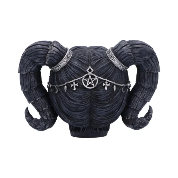 A dark gothic sculpture of a horned head with silver chains and occult symbols.