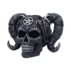 Gothic Skull Sculpture Resin Black With Ram Horns And Pentagram A black gothic skull sculpture with ram horns, silver chains, and an engraved pentagram symbol.