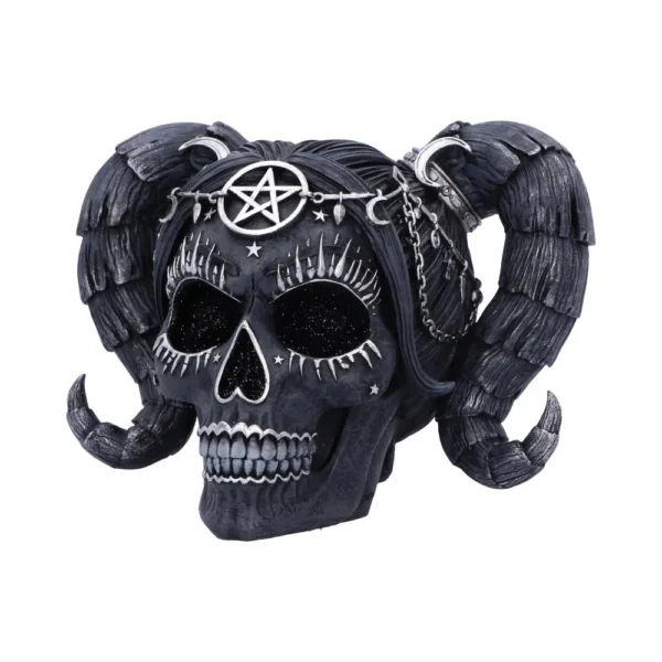 Gothic Skull Sculpture Resin Black With Ram Horns And Pentagram A black gothic skull sculpture with ram horns, silver chains, and an engraved pentagram symbol.