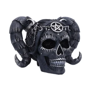 Gothic Skull Sculpture Resin Black Silver - Pentagram Ram Horns A black gothic skull sculpture with silver details, pentagram, and large curled ram horns.