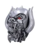 Demon Head Metal Sculpture Silver Finish With Red Eyes Metal demon head sculpture with glowing red eyes, tusks, and chains. The-Hidden-Hatch