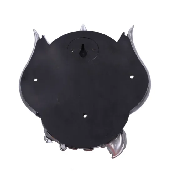 Underside of a black and silver fantasy wall sculpture with horned design and hanging slot. The-Hidden-Hatch