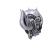 Demonic Skull Head Metal Sculpture Silver Finish Red Eyes Metallic demonic skull sculpture with red eyes and tusks on white background The-Hidden-Hatch