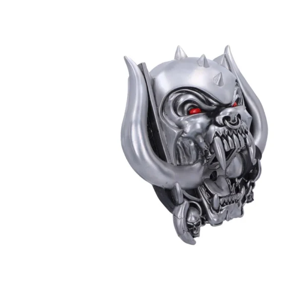 Demonic Skull Head Metal Sculpture Silver Finish Red Eyes Metallic demonic skull sculpture with red eyes and tusks on white background The-Hidden-Hatch