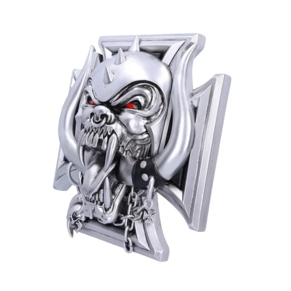 A silver demonic beast emblem with red eyes and chains on an iron cross The-Hidden-Hatch